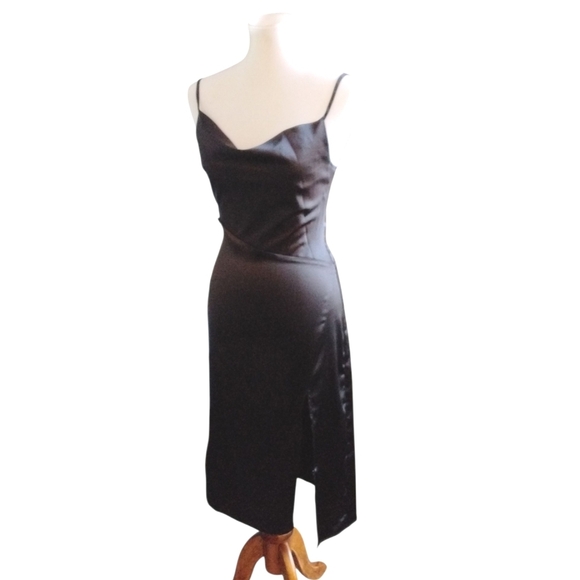 Vintage D&M Satin Slip Dress Black Draped Front High Cut Slit Midi Dress Sz XS - Picture 9 of 9